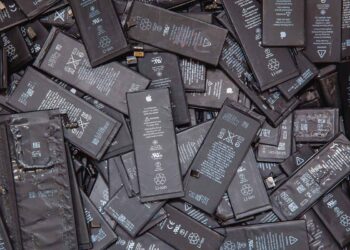 A pile of iPhone lithium-ion batteries for recycling.