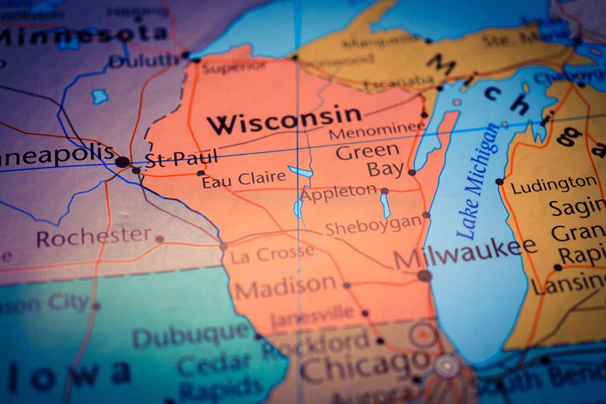 View of Wisconsin and surrounding area on a map.