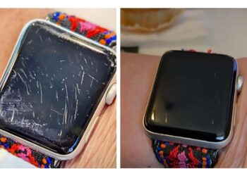 Apple watch with scratches and with scratches removed by Red Wolf Technology's polisher.