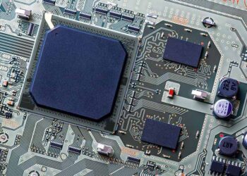 Close up of e-scrap circuit board.