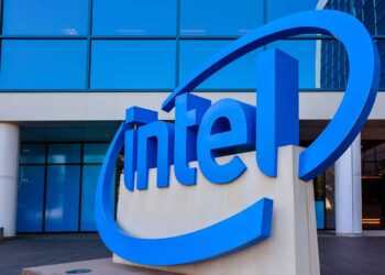 Intel sign outside of company building.