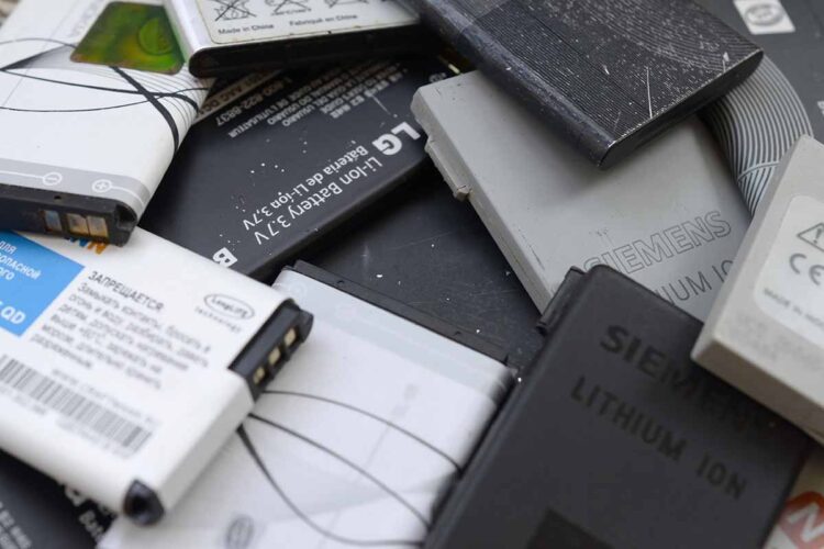 Pile of old li-ion batteries for recycling.