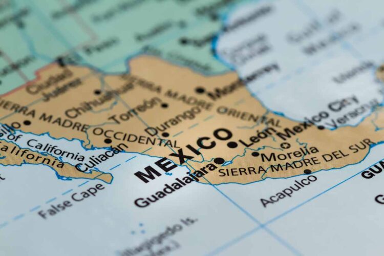 Map showing Mexico and surrounding area.