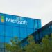 Microsoft logo on company building.