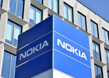 Nokia sign in front of company building.