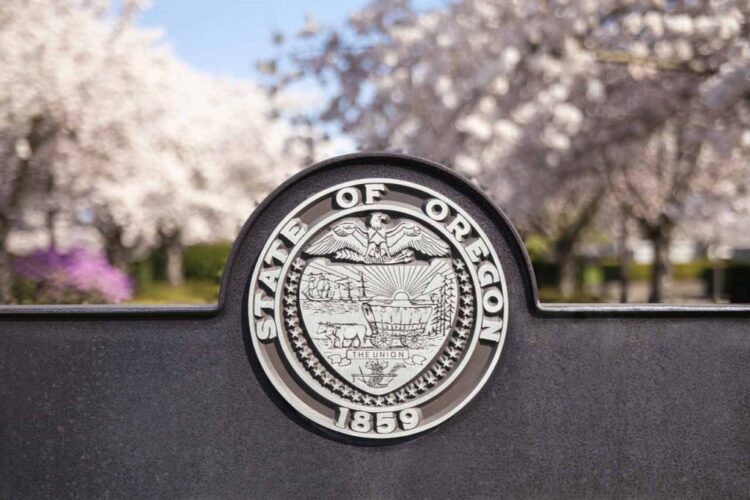 The State of Oregon seal at a park in Salem, Ore.