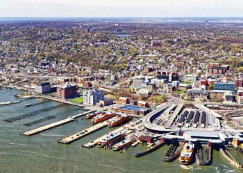 Aerial view of Staten Island ferry terminal and surrounding area.
