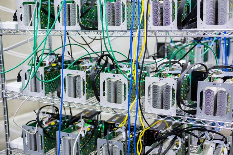 Bitcoin miners on shelves.