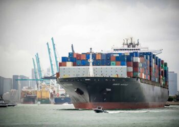 Cargo ship on the water outside Miami, Fla.