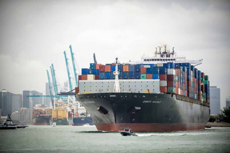 Cargo ship on the water outside Miami, Fla.