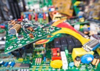 Electronics scrap gathered for recycling.