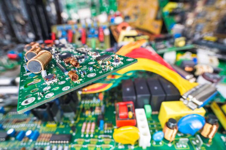 Electronics scrap gathered for recycling.