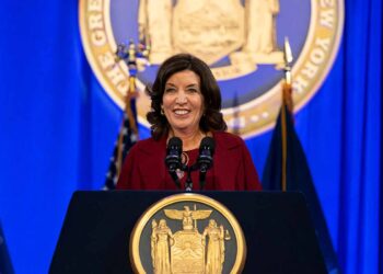 N.Y. governor Hochul at a podium, speaking at an event.