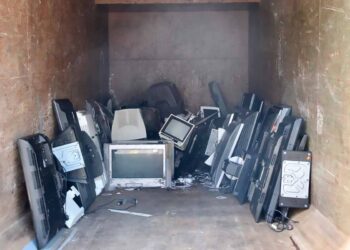 Monitors and televisions collected for recycling.