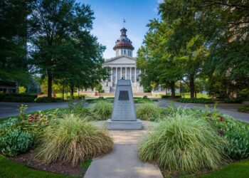 South Carolina capitol building with gardens.